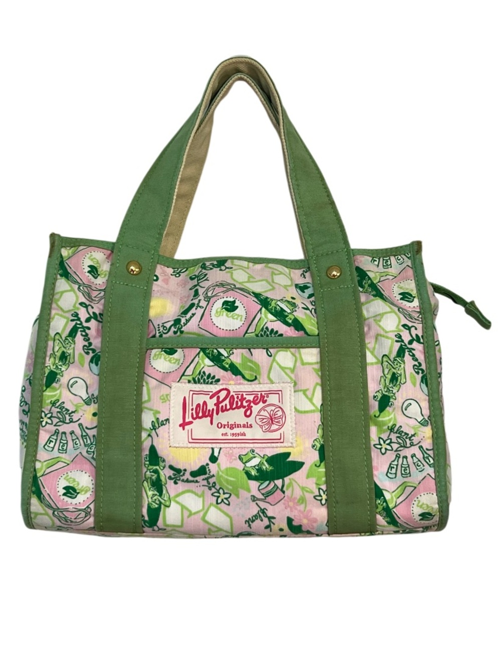 Lilly Pulitzer Queen of Green Recycle Print Small Zip Top Tote Bag